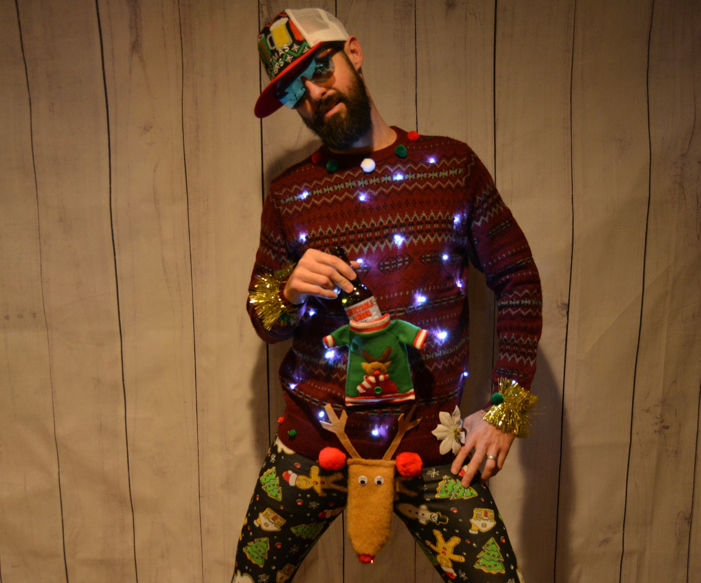 Mens Ugly Christmas Sweater, Liquor Beer Holder Party Pocket, XL, L
