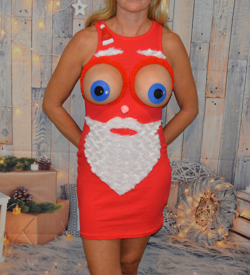Santa face, sexy ugly Christmas Sweater, bug eyed santa, Made for your bare breasts, boob eyes, see details, breast, dress, multi versions