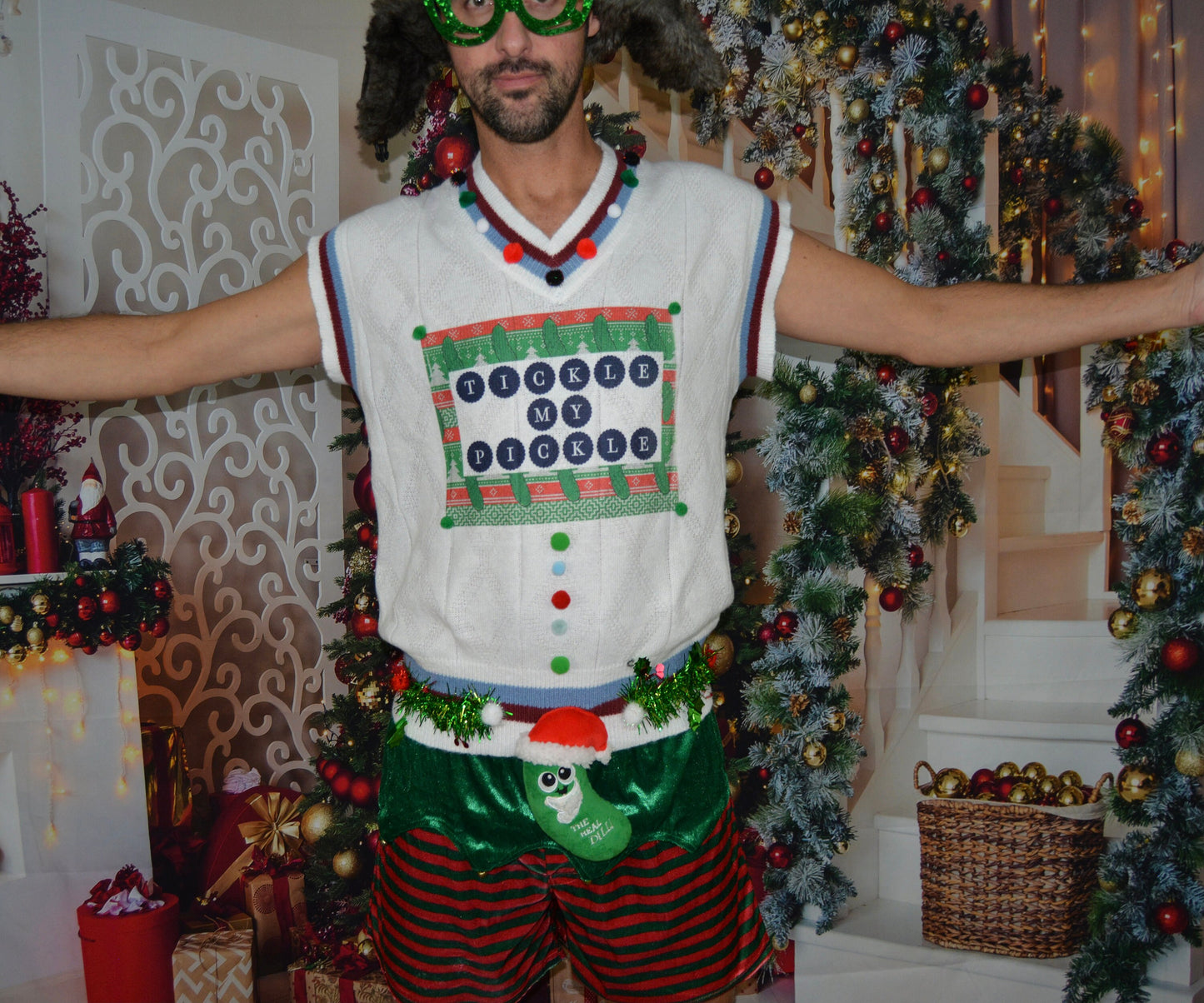 Ugly Christmas sweater men, vest, Tickle my pickle, large and 2x men, Christmas pickle, party sweater, naughty, funny, dirty, contest winner