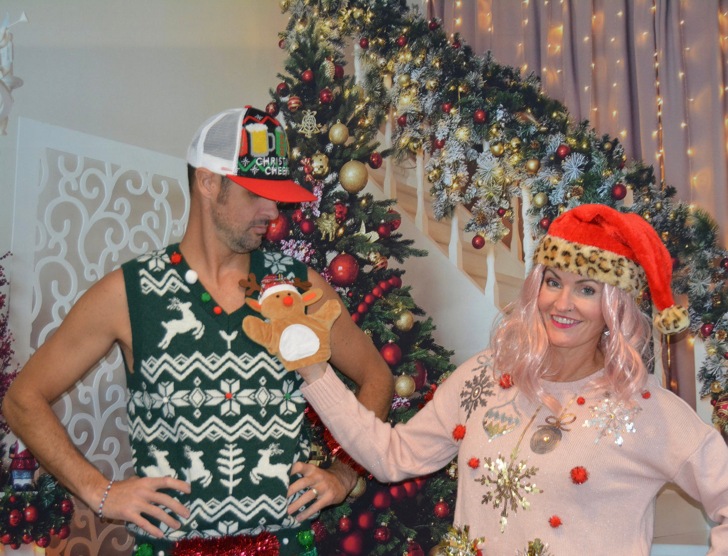 Mens Ugly Christmas Sweater vest, multi size, hand puppet, funny and unique, Party Sweater, men's, reindeer