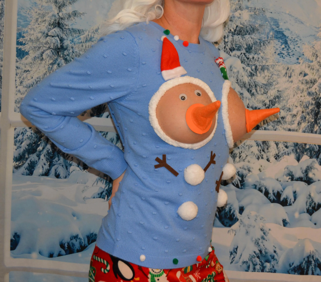 Snowman boobs, Sexy Ugly Christmas Sweater, They are NOT PLASTIC boobs, boob, breast, jumper, cut out, snowman nipple, halloween costume