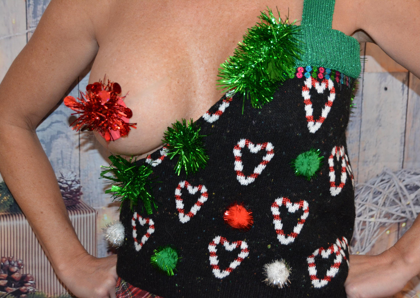 Sexy Ugly Christmas Sweater, boob out, off shoulder, see details, boob, breast, jumper, NOT A PLASTIC boob, naughty, tinsel tits, jumper