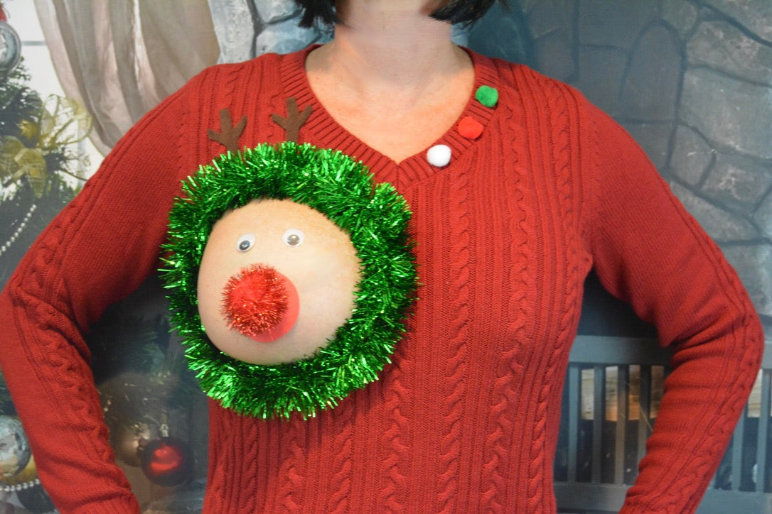 Sexy Ugly Christmas Sweater, reindeer boob, it is NOT A PLASTIC boob, cut out, see details, boob, breast, jumper, reindeer boob, multi versions