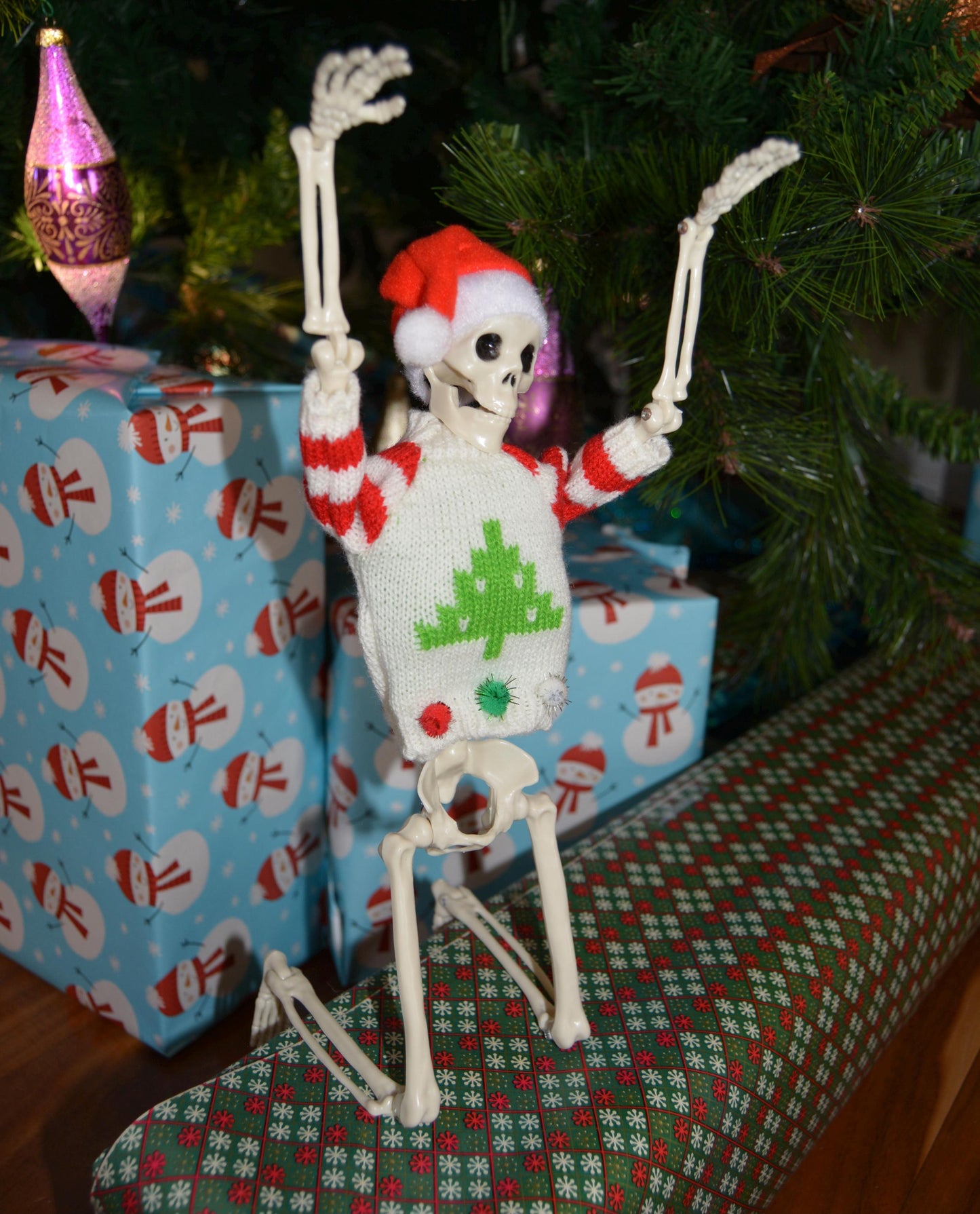 Posable Christmas Skeleton, dead elf on the shelf, Santa Hat, Ugly Sweater, 16 Inch