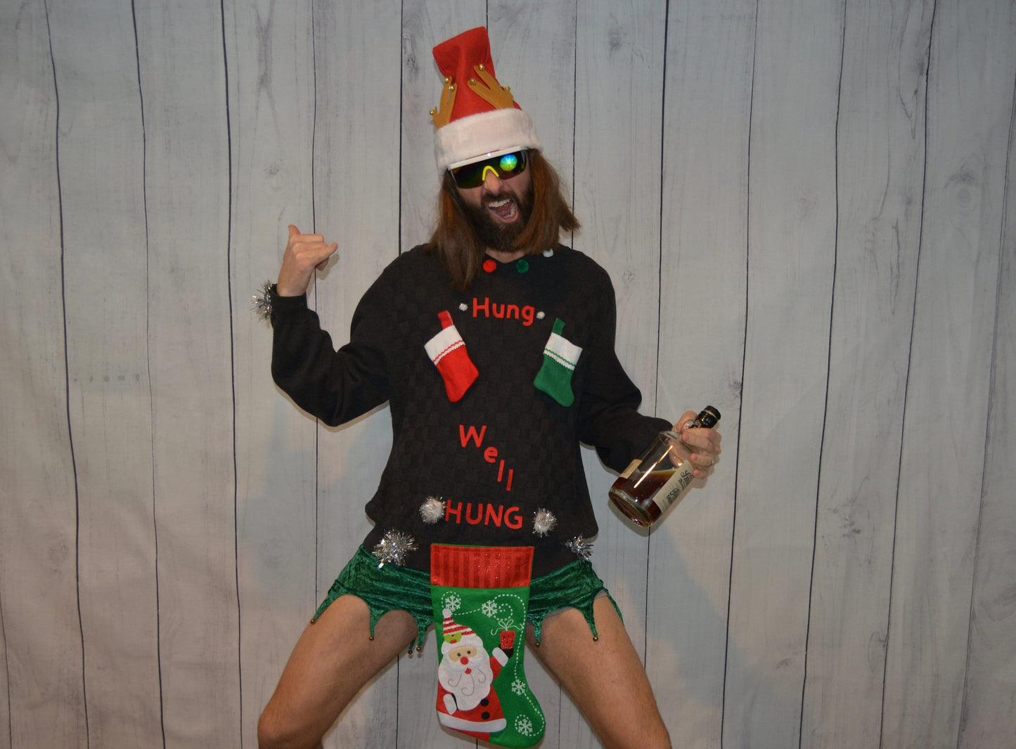 Large, Ugly Christmas Sweater, men's, Hung, well hung, wine holder stocking, naughty, Contest winner, xmas sweater, funny, jumper