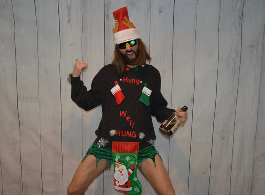 Large, Ugly Christmas Sweater, men's, Hung, well hung, wine holder stocking, naughty, Contest winner, xmas sweater, funny, jumper