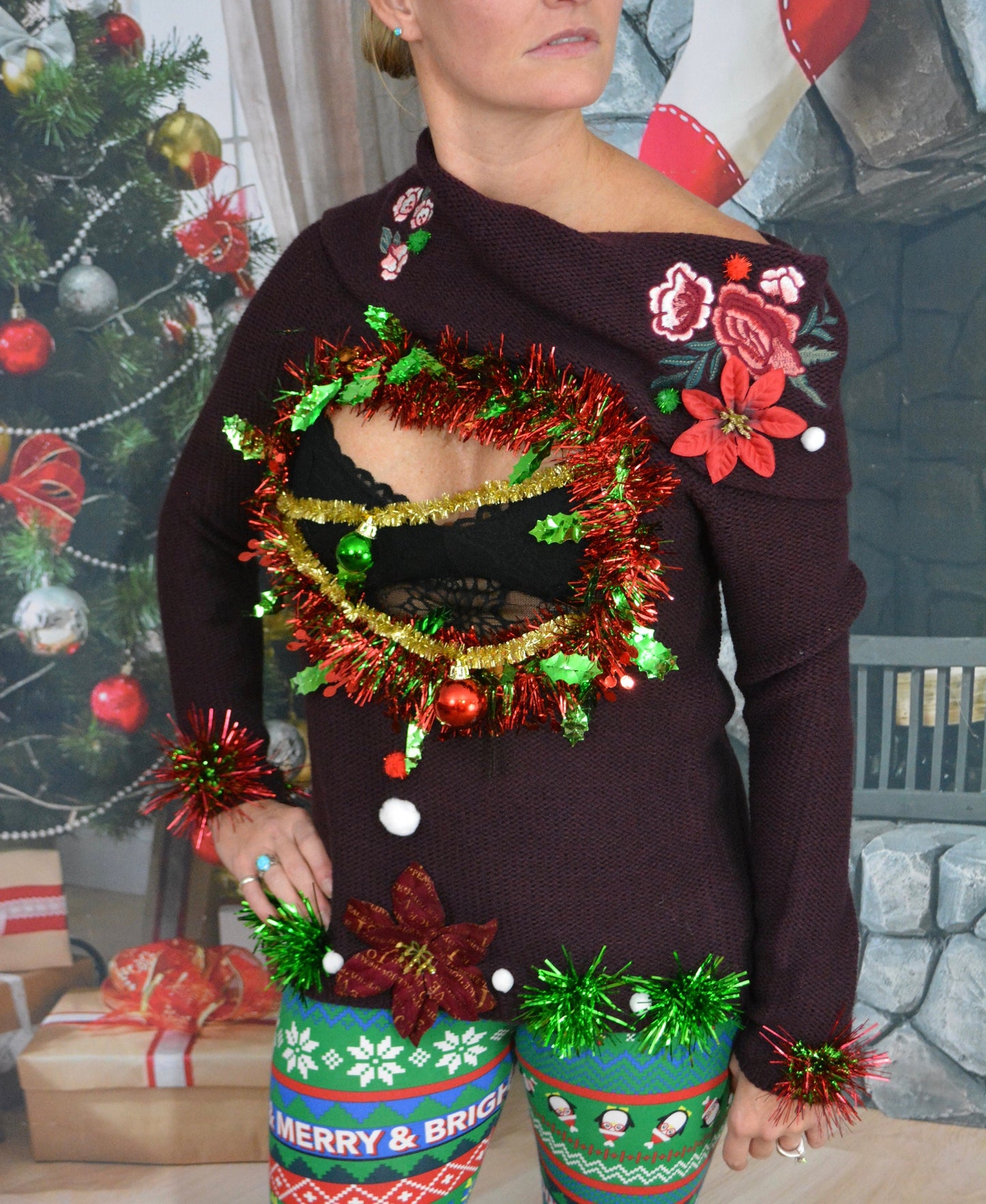 Ugly Christmas Sweater women, Multi size, sexy Christmas Sweater, with pasties, Boob, cut out, chest, breasts, xmas sweater, one of a kind