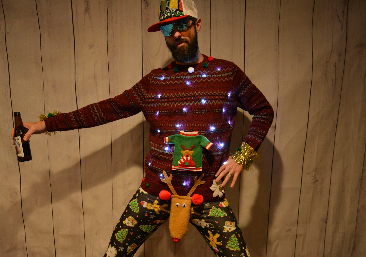 Mens Ugly Christmas Sweater, Liquor Beer Holder Party Pocket, XL, L