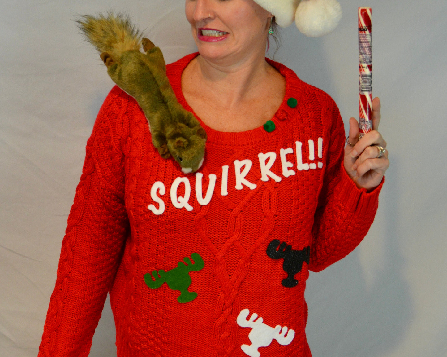 Ugly Christmas Sweater, Squirrel, Clark Griswold, National Lampoons Christmas vacation inspired, women's, stuffed squirrel, multi size