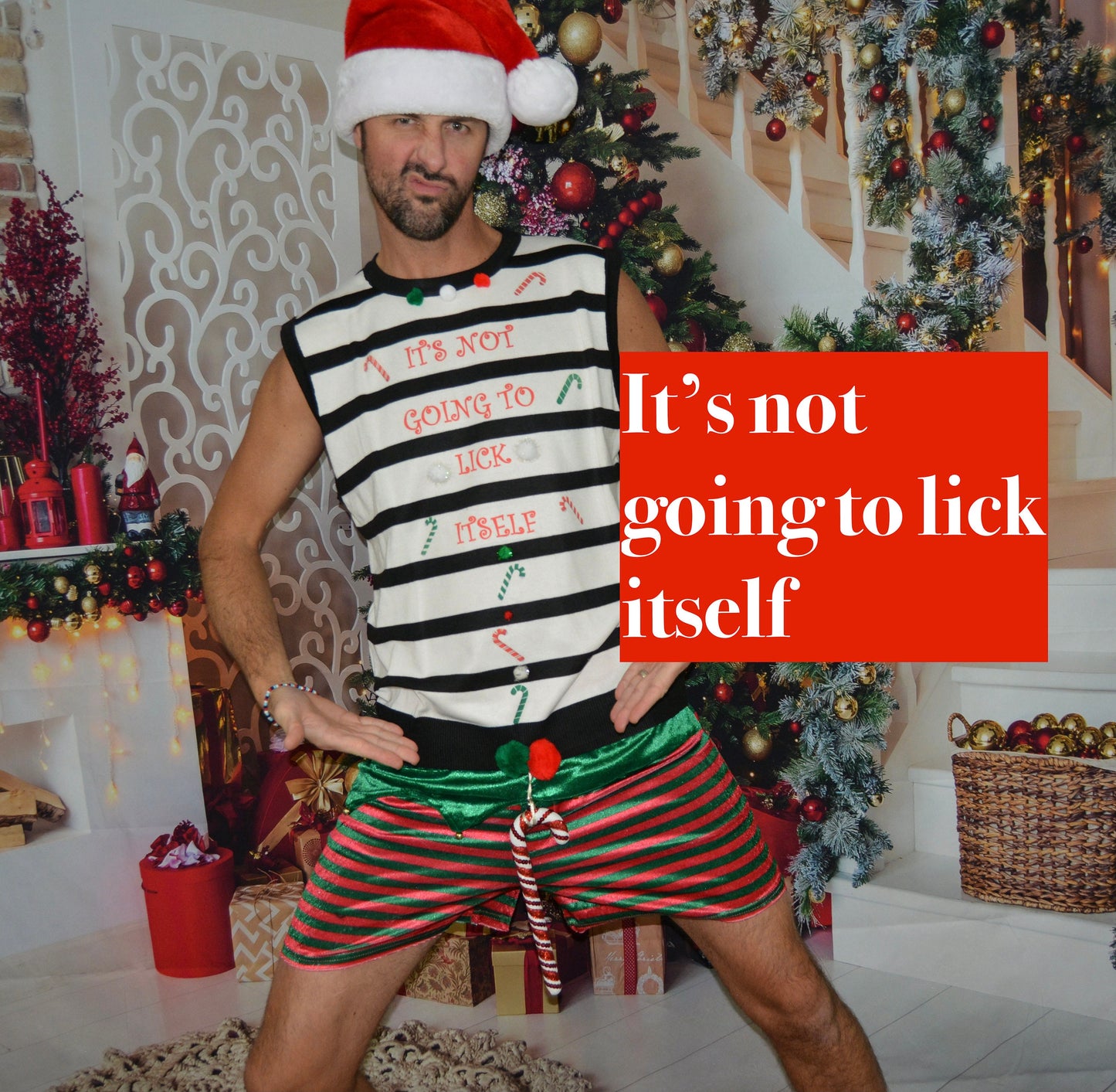XL, Ugly Christmas Sweater men, vest, It's not going to lick itself, naughty, Contest winner, xmas sweater, funny, candy cane,  perverted