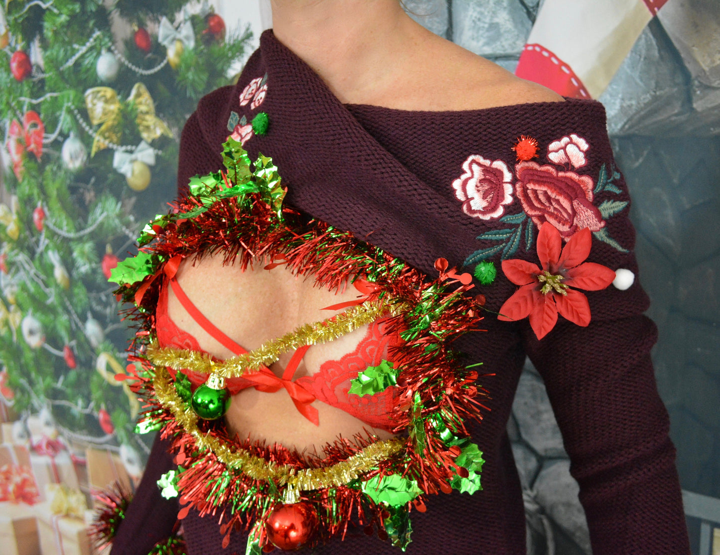 Ugly Christmas Sweater women, Multi size, sexy Christmas Sweater, with pasties, Boob, cut out, chest, breasts, xmas sweater, one of a kind