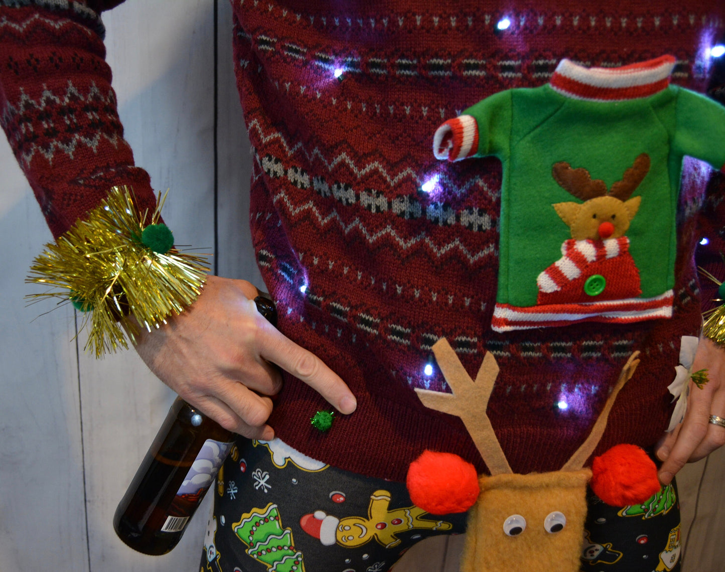 Mens Ugly Christmas Sweater, Liquor Beer Holder Party Pocket, XL, L