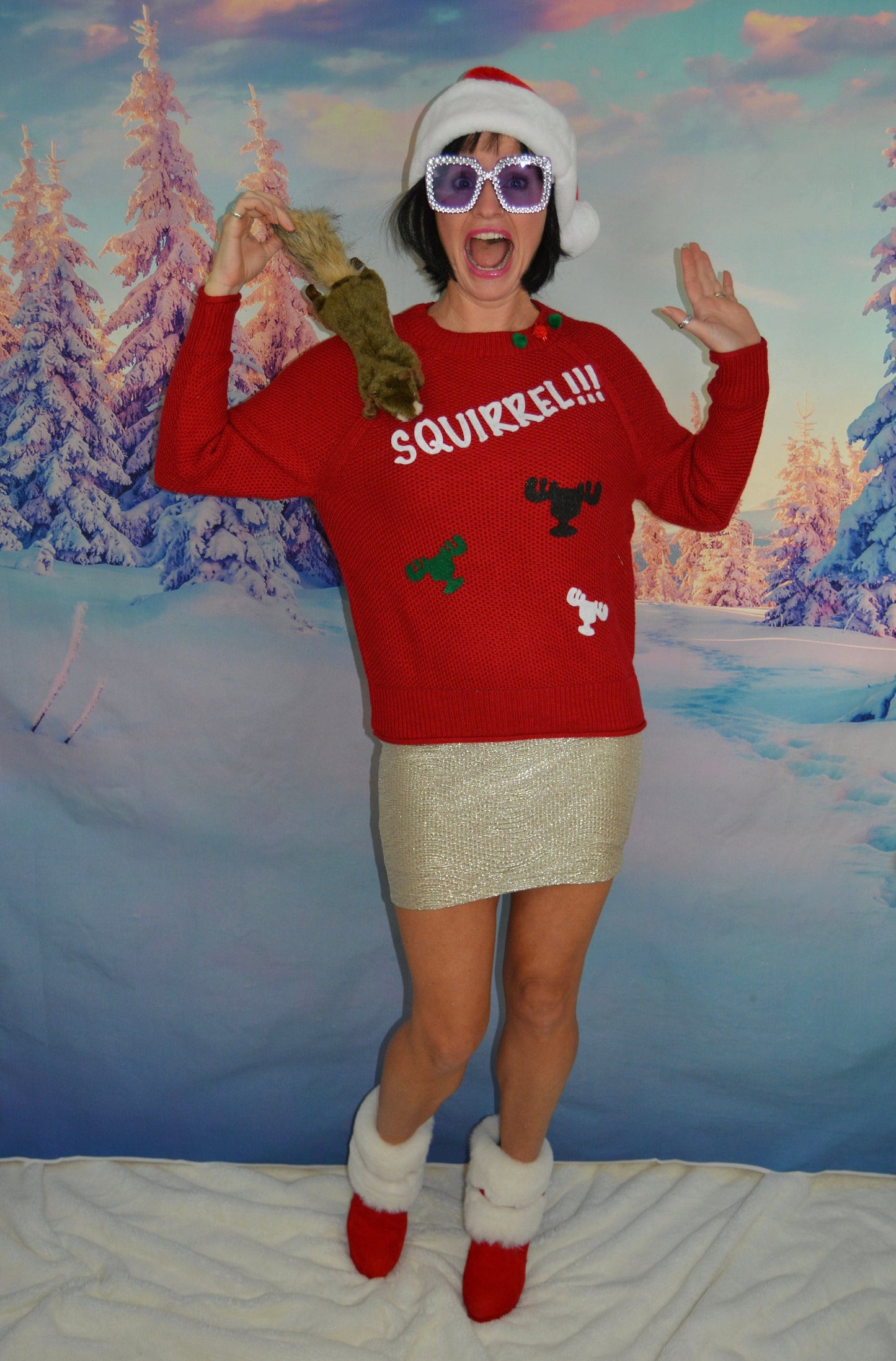 Ugly Christmas Sweater, Squirrel, Clark Griswold, National Lampoons Christmas vacation inspired, women's, stuffed squirrel, multi size