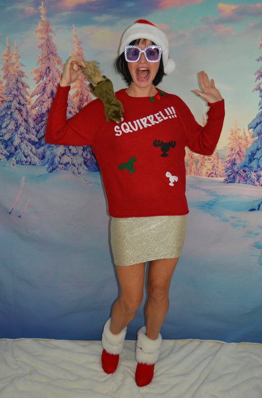 Ugly Christmas Sweater, Squirrel, Clark Griswold, National Lampoons Christmas vacation inspired, women's, stuffed squirrel, multi size