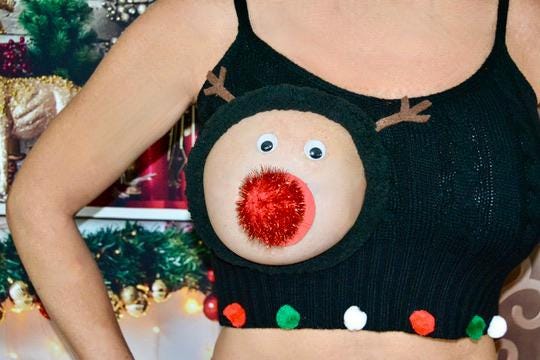Sexy Ugly Christmas Sweater crop top, it is NOT A PLASTIC boob, cut out, see details, boob, breast, jumper, reindeer boob, black