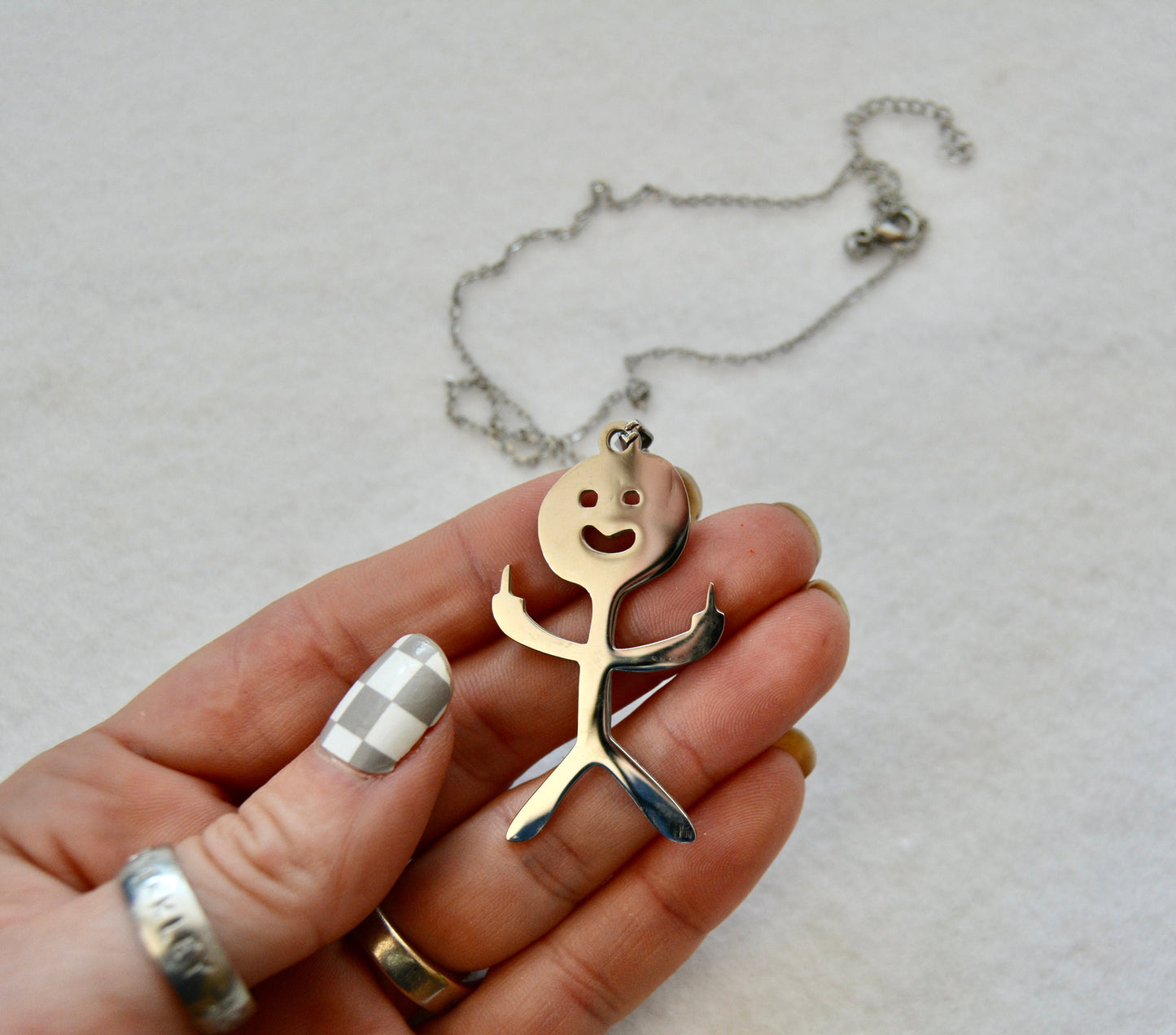 Middle finger stick figure, earrings or necklace, flip the bird, f you, silver, unique and funny, sold separately, gift, white elephant
