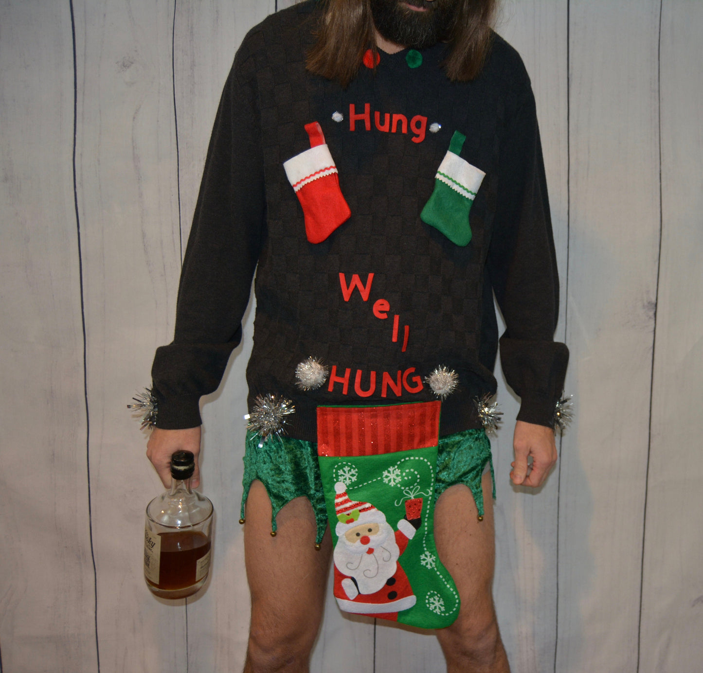 Large, Ugly Christmas Sweater, men's, Hung, well hung, wine holder stocking, naughty, Contest winner, xmas sweater, funny, jumper
