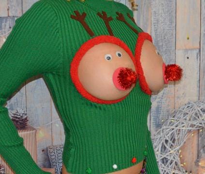 Sexy Ugly Christmas Sweater, open back, it is NOT A PLASTIC boob, cut out, see details, boob, breast, jumper, reindeer boob, multi size, fun