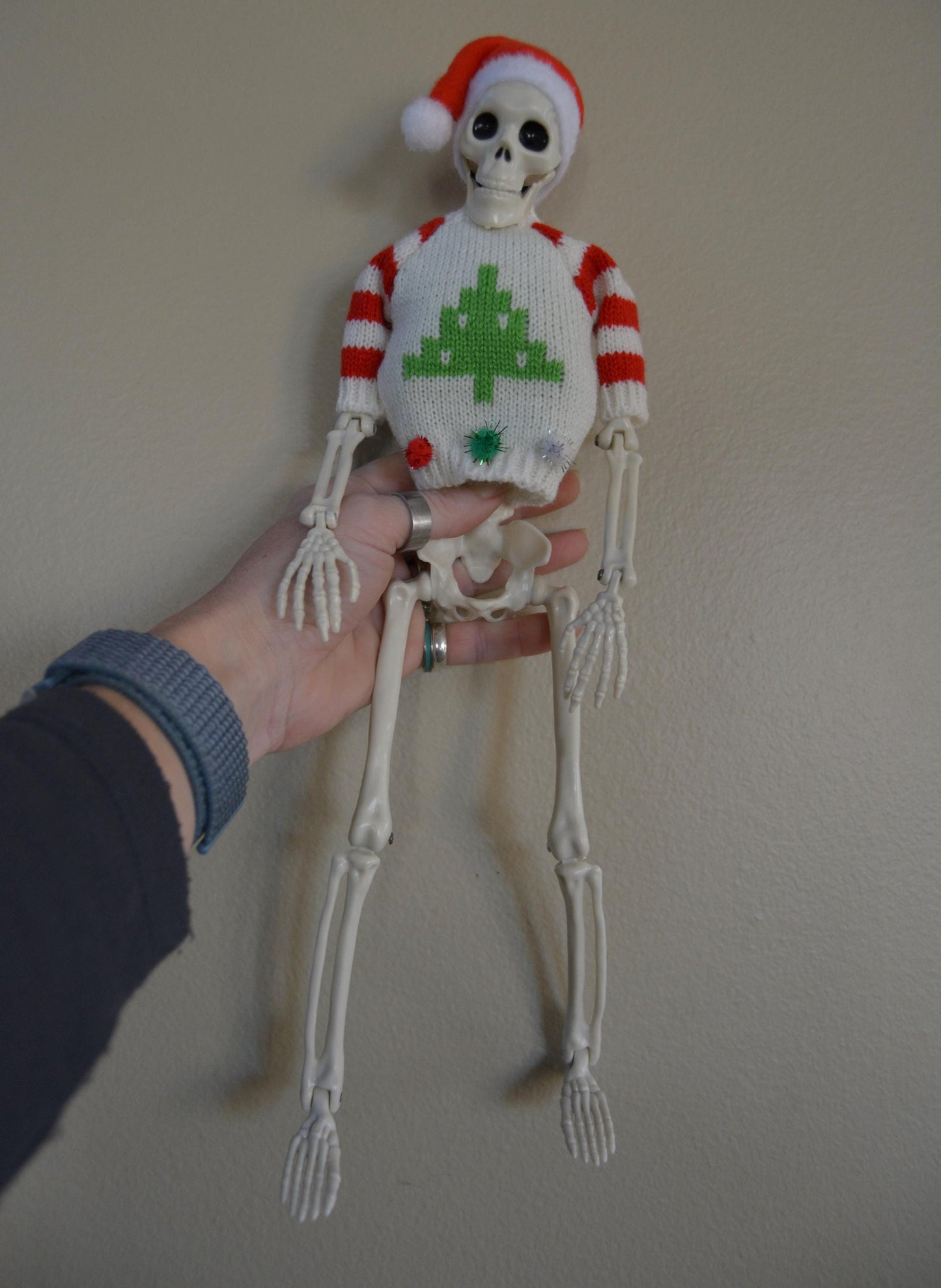Posable Christmas Skeleton, dead elf on the shelf, Santa Hat, Ugly Sweater, 16 Inch