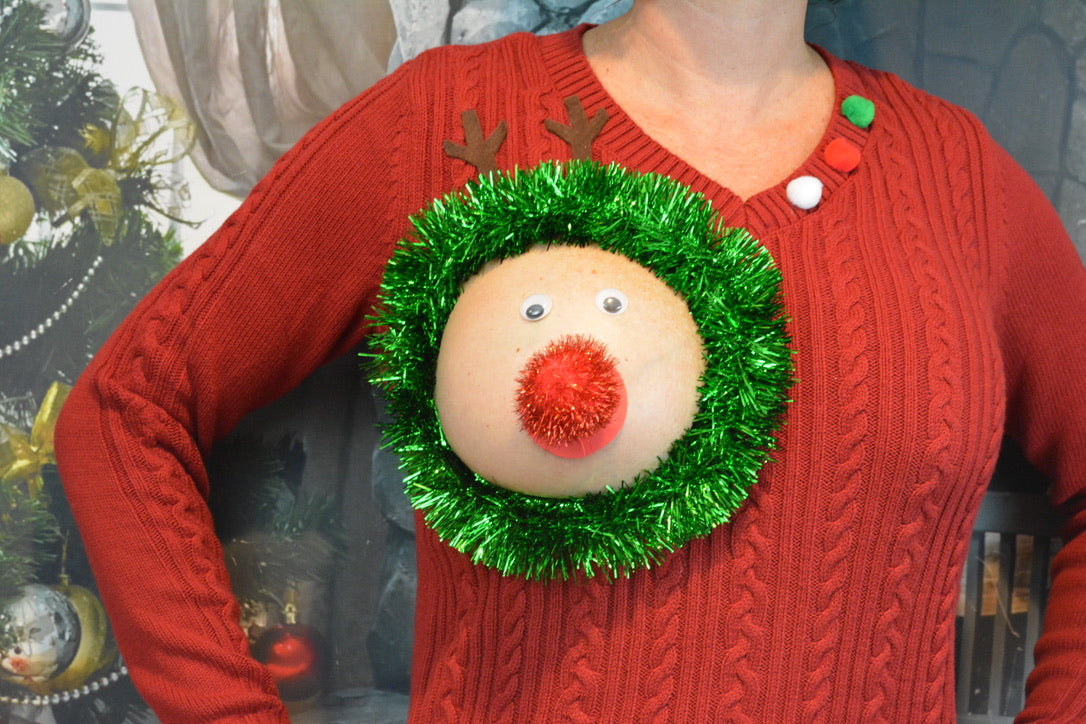 Sexy Ugly Christmas Sweater, reindeer boob, it is NOT A PLASTIC boob, cut out, see details, boob, breast, jumper, reindeer boob, multi versions