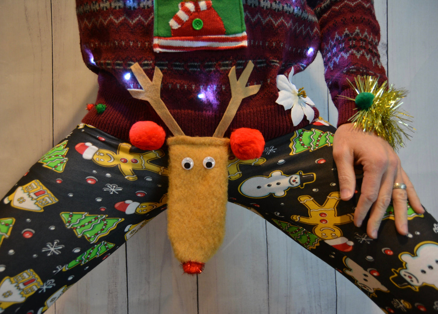 Mens Ugly Christmas Sweater, Liquor Beer Holder Party Pocket, XL, L