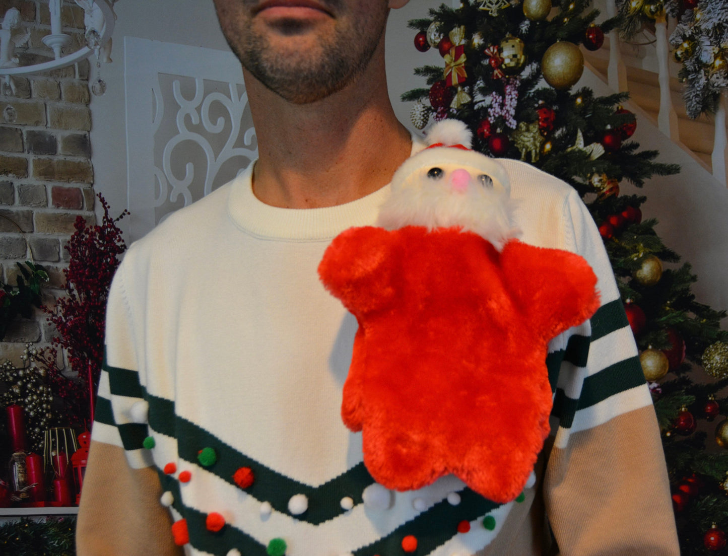 M/L Ugly Christmas Sweater, liquor pocket, hand puppet, flask holder, Party Sweater, men's, alcohol, beer holder, contest winner