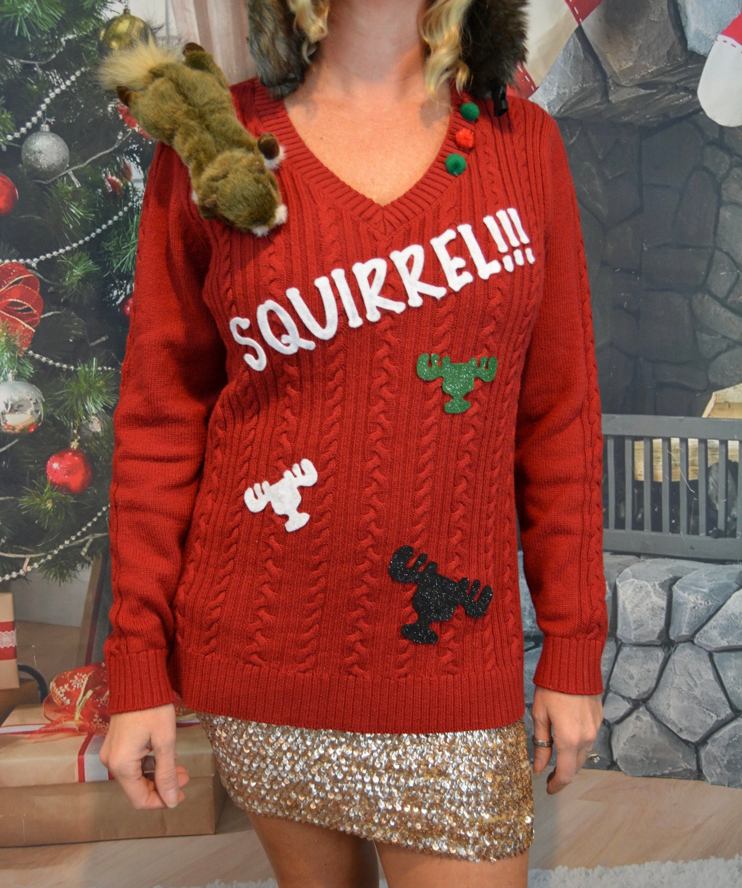 Ugly Christmas Sweater, Squirrel, Clark Griswold, National Lampoons Christmas vacation inspired, women's, stuffed squirrel, multi size