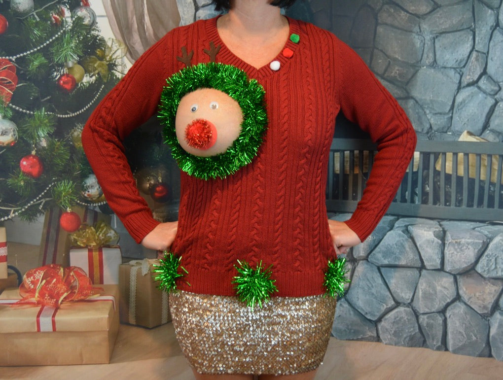 Sexy Ugly Christmas Sweater, reindeer boob, it is NOT A PLASTIC boob, cut out, see details, boob, breast, jumper, reindeer boob, multi versions