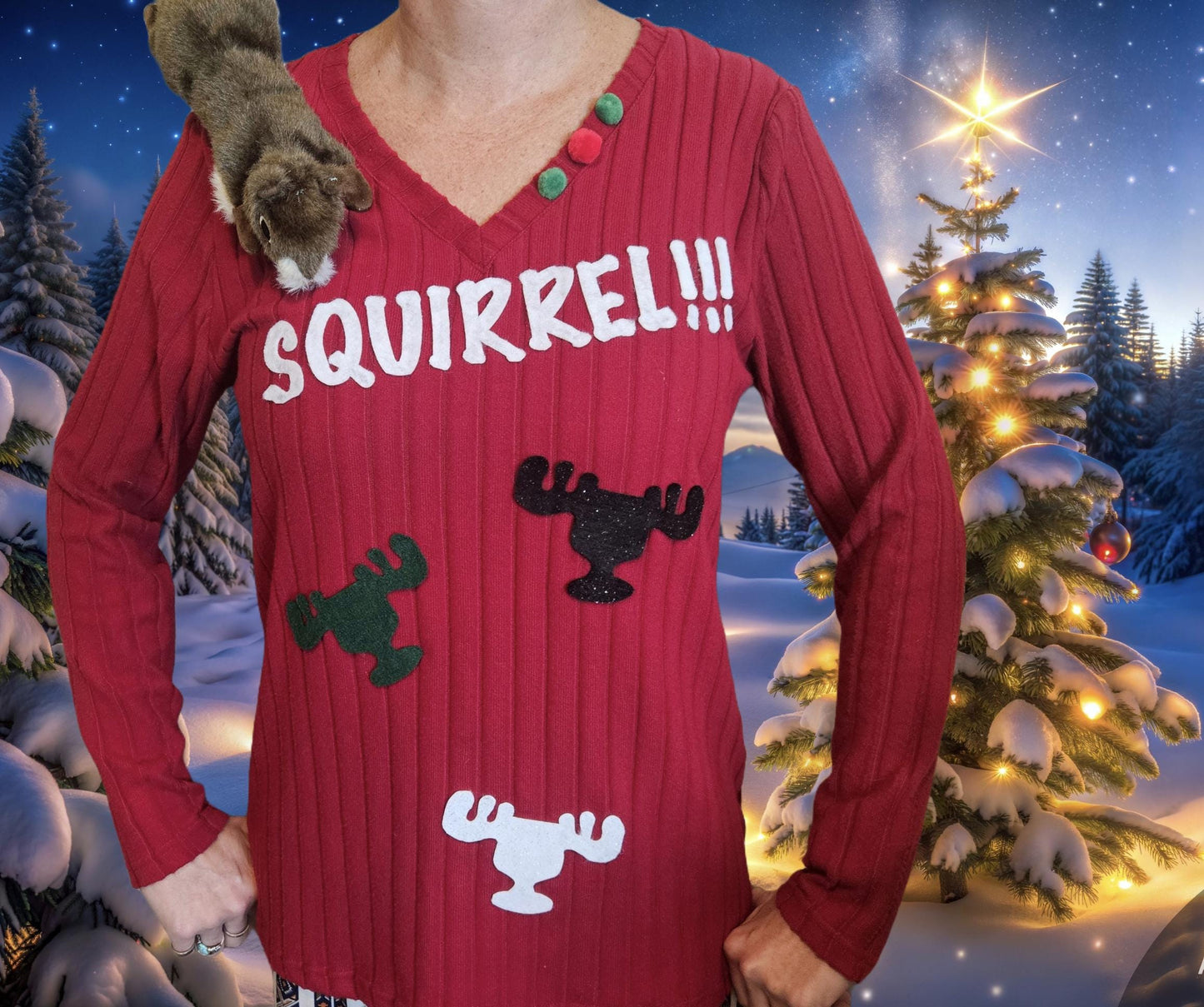 Ugly Christmas Sweater, Squirrel, Clark Griswold, National Lampoons Christmas vacation inspired, women's, stuffed squirrel, multi size