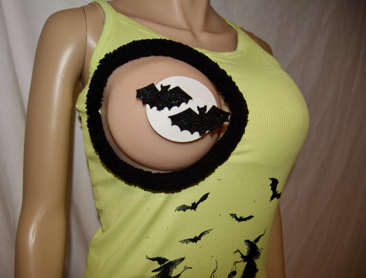 Sexy halloween costume, top only, made for your breasts NOT INSERTS,  see details, boob hole, cut out, witches, boob out, bats, tank top