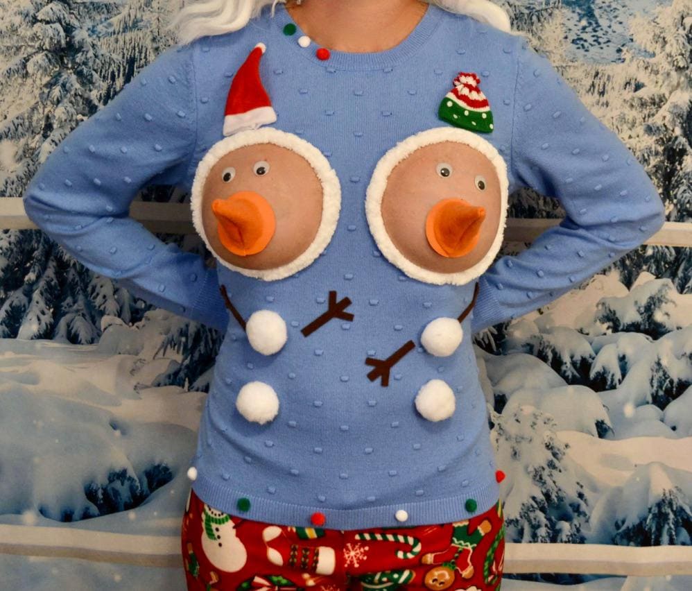 Snowman boobs, Sexy Ugly Christmas Sweater, They are NOT PLASTIC boobs, boob, breast, jumper, cut out, snowman nipple, halloween costume