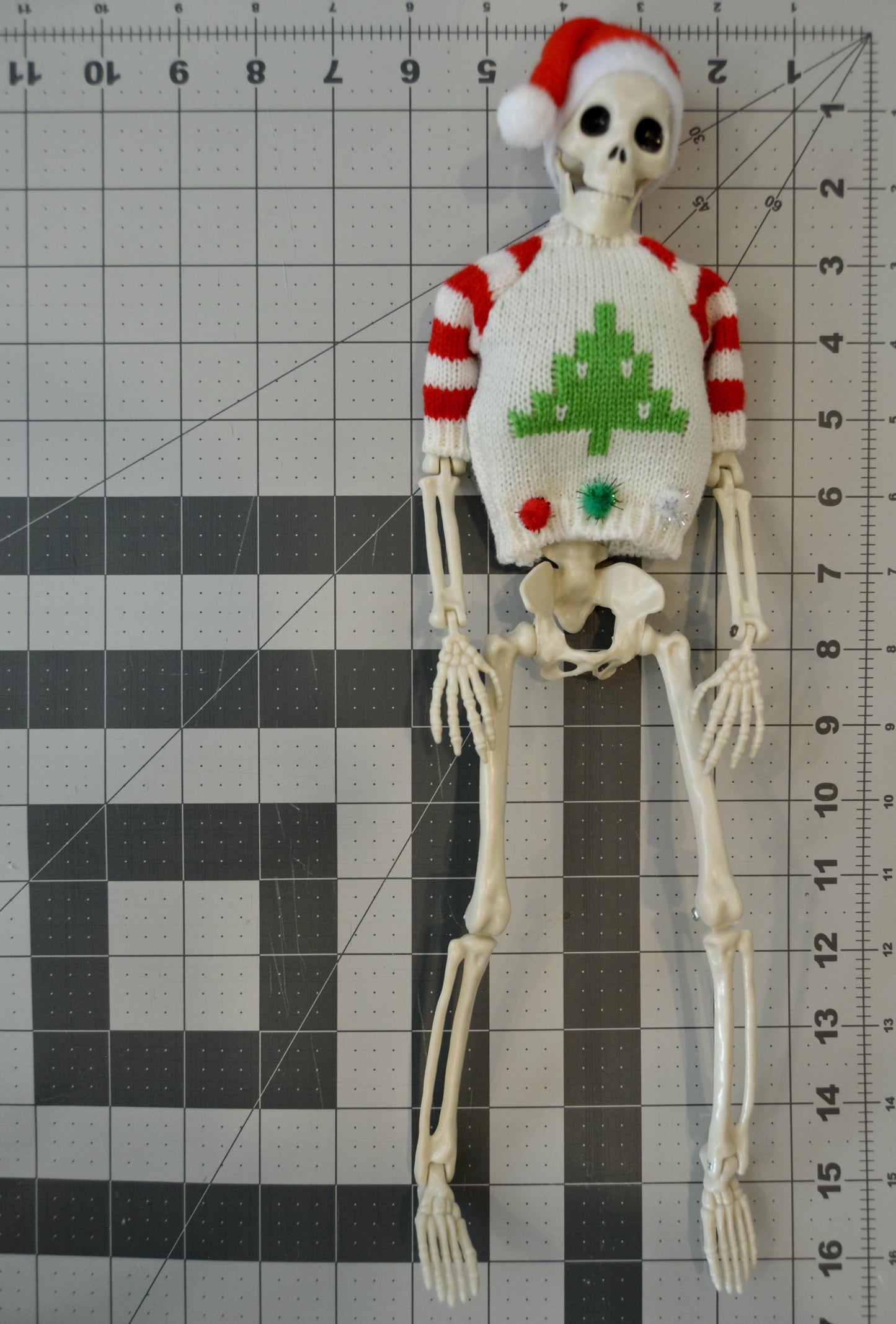Posable Christmas Skeleton, dead elf on the shelf, Santa Hat, Ugly Sweater, 16 Inch
