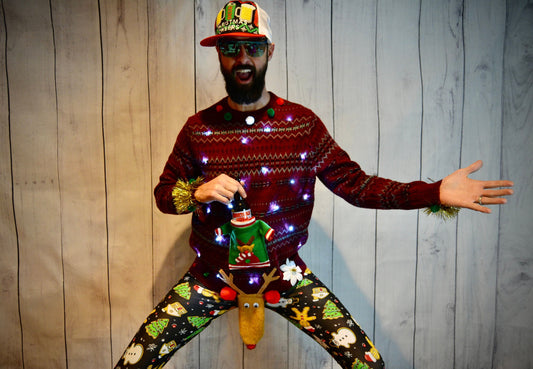 Mens, light up Ugly Christmas Sweater, Liquor Beer Holder Party Pocket, XL, L, handmade