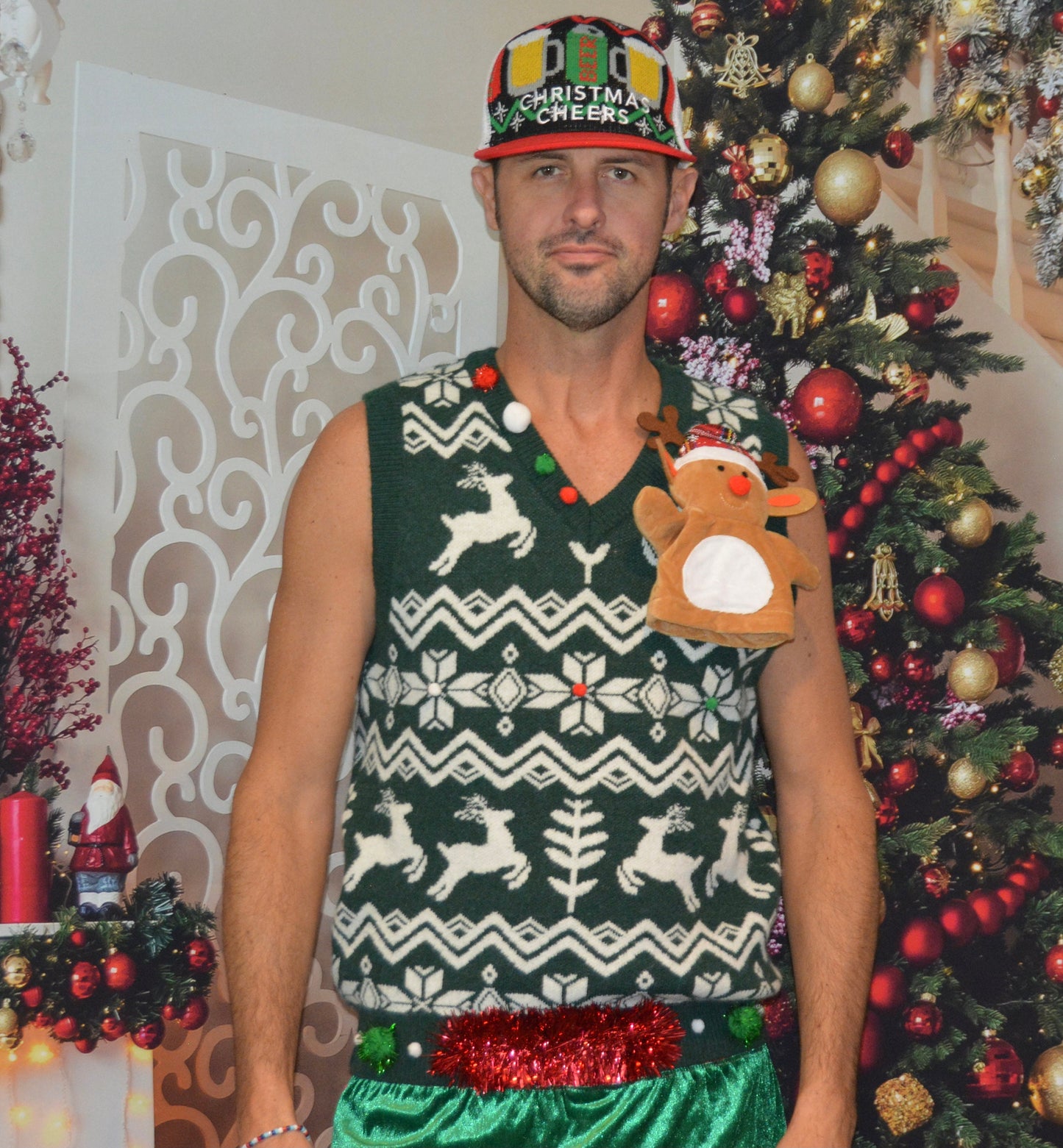 Mens Ugly Christmas Sweater vest, multi size, hand puppet, funny and unique, Party Sweater, men's, reindeer
