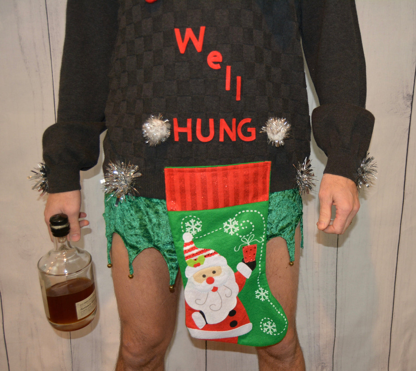 Large, Ugly Christmas Sweater, men's, Hung, well hung, wine holder stocking, naughty, Contest winner, xmas sweater, funny, jumper
