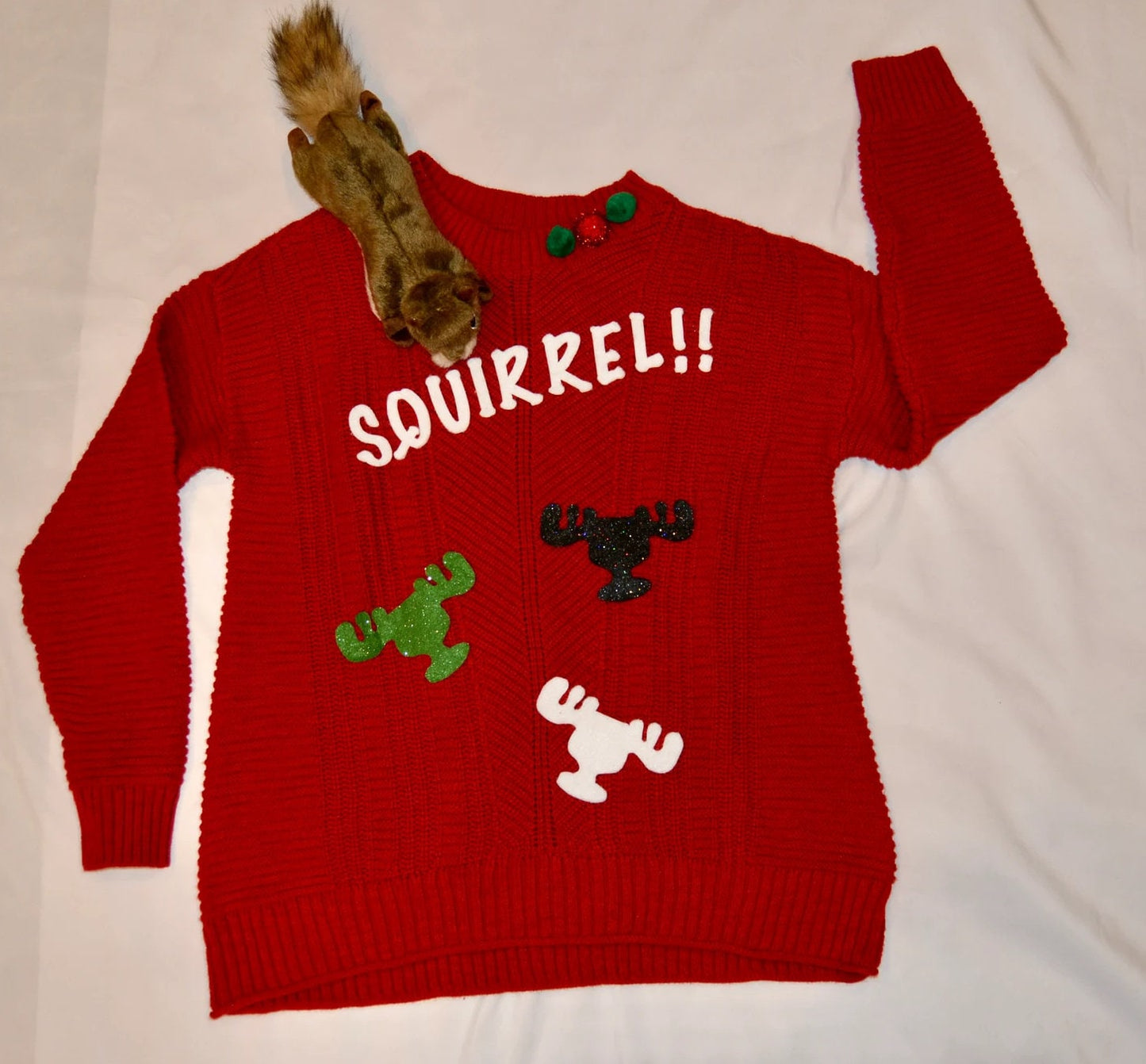 Ugly Christmas Sweater, Squirrel, Clark Griswold, National Lampoons Christmas vacation inspired, women's, stuffed squirrel, multi size