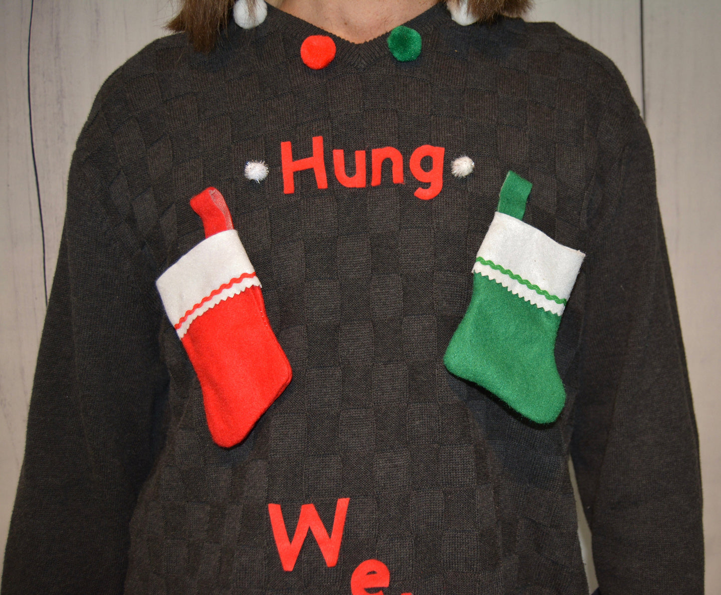 Large, Ugly Christmas Sweater, men's, Hung, well hung, wine holder stocking, naughty, Contest winner, xmas sweater, funny, jumper