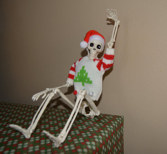 Posable Christmas Skeleton, dead elf on the shelf, Santa Hat, Ugly Sweater, 16 Inch