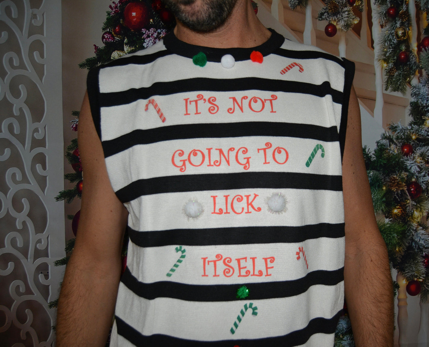 XL, Ugly Christmas Sweater men, vest, It's not going to lick itself, naughty, Contest winner, xmas sweater, funny, candy cane,  perverted