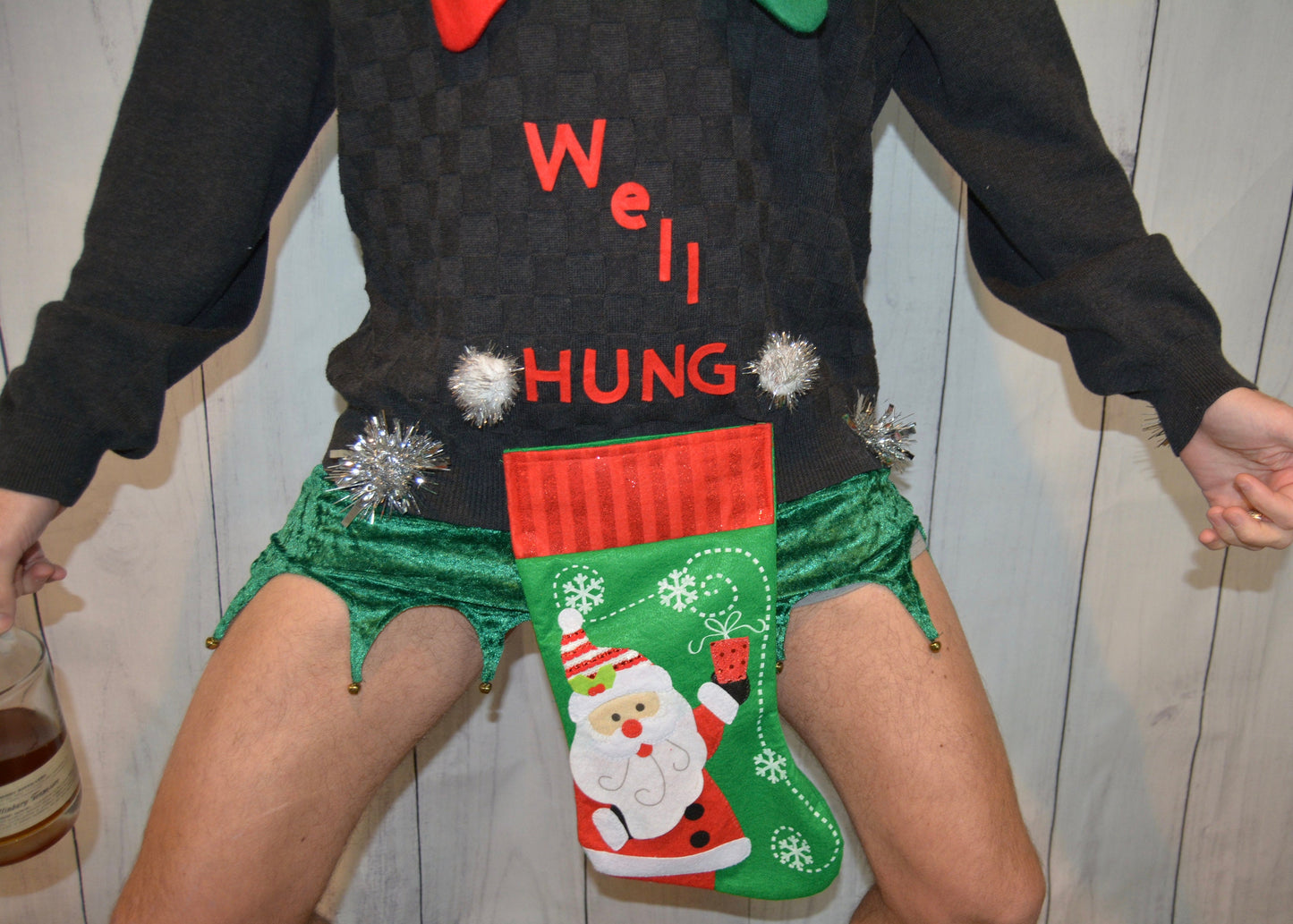 Large, Ugly Christmas Sweater, men's, Hung, well hung, wine holder stocking, naughty, Contest winner, xmas sweater, funny, jumper
