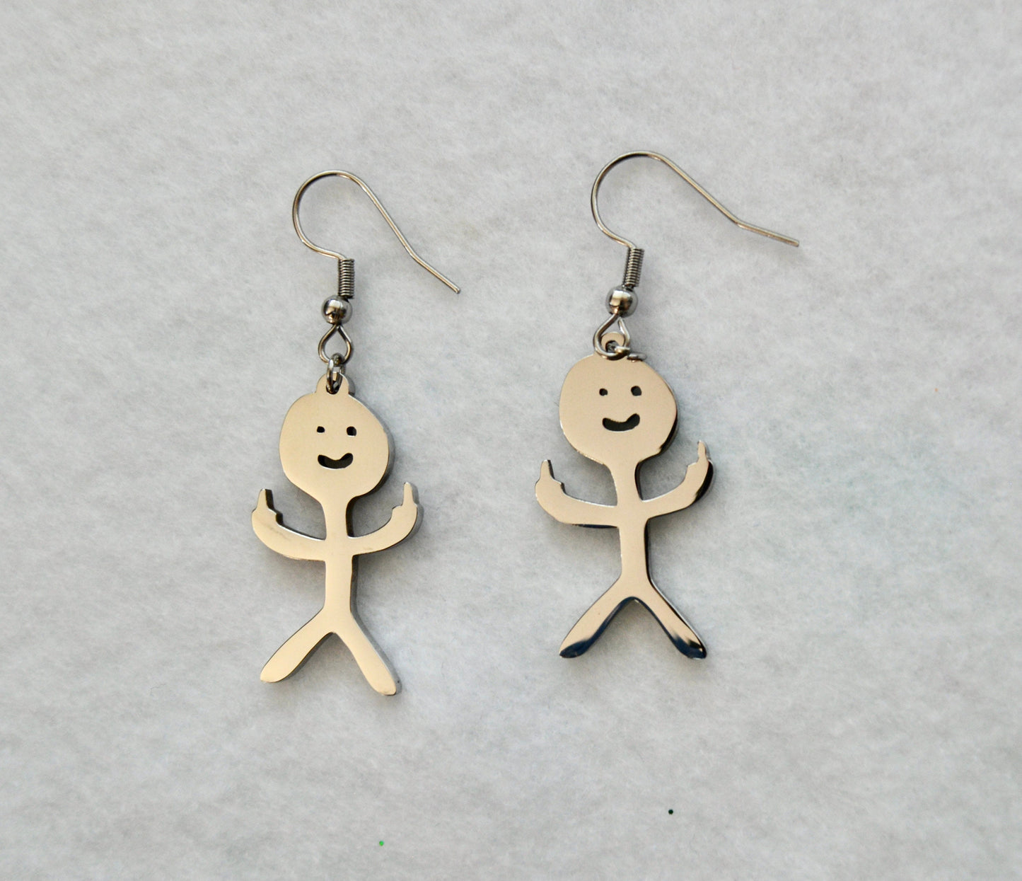 Middle finger stick figure, earrings or necklace, flip the bird, f you, silver, unique and funny, sold separately, gift, white elephant