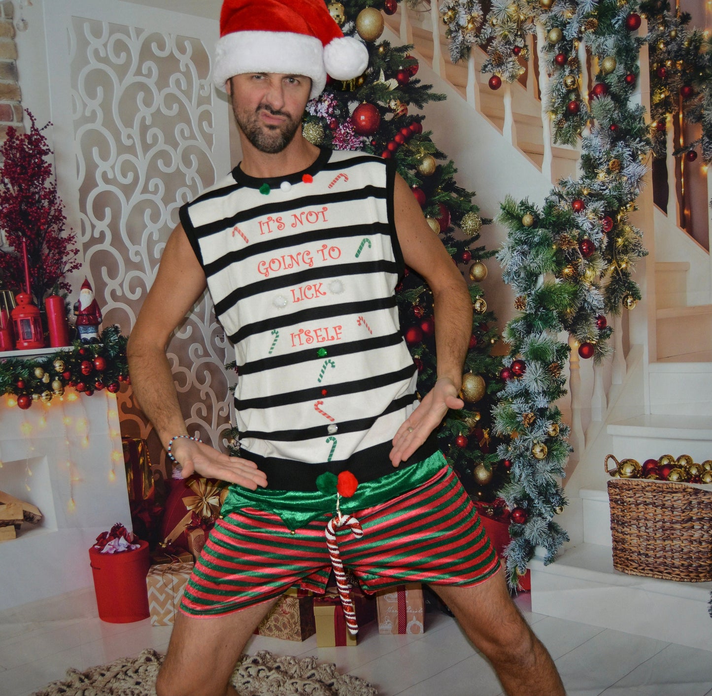 XL, Ugly Christmas Sweater men, vest, It's not going to lick itself, naughty, Contest winner, xmas sweater, funny, candy cane,  perverted