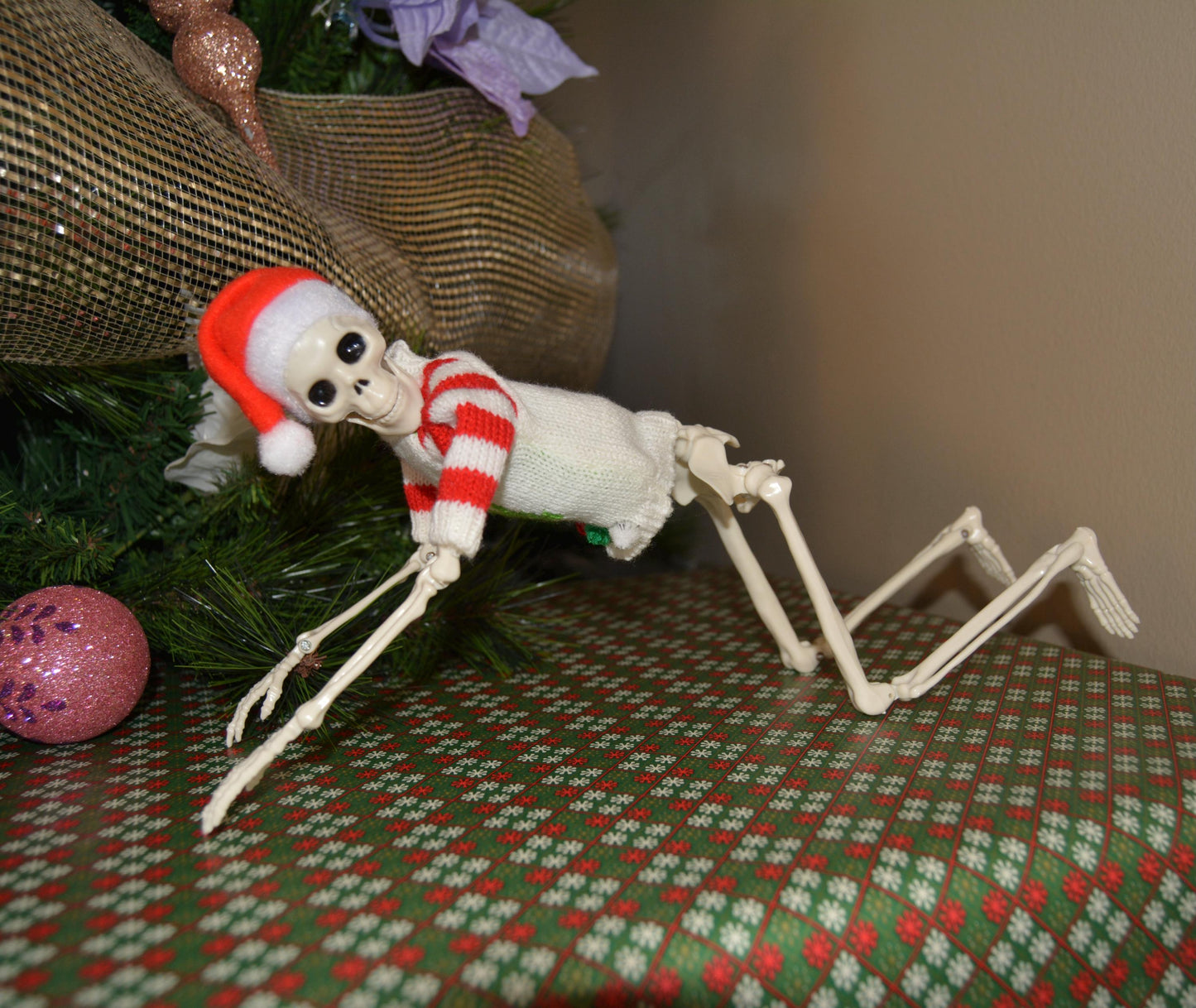 Posable Christmas Skeleton, dead elf on the shelf, Santa Hat, Ugly Sweater, 16 Inch