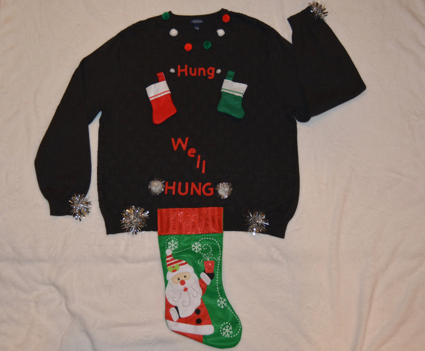 Large, Ugly Christmas Sweater, men's, Hung, well hung, wine holder stocking, naughty, Contest winner, xmas sweater, funny, jumper