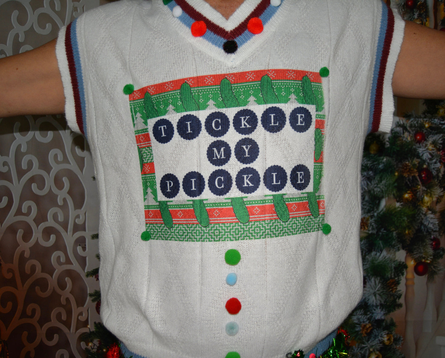 Ugly Christmas sweater men, vest, Tickle my pickle, large and 2x men, Christmas pickle, party sweater, naughty, funny, dirty, contest winner