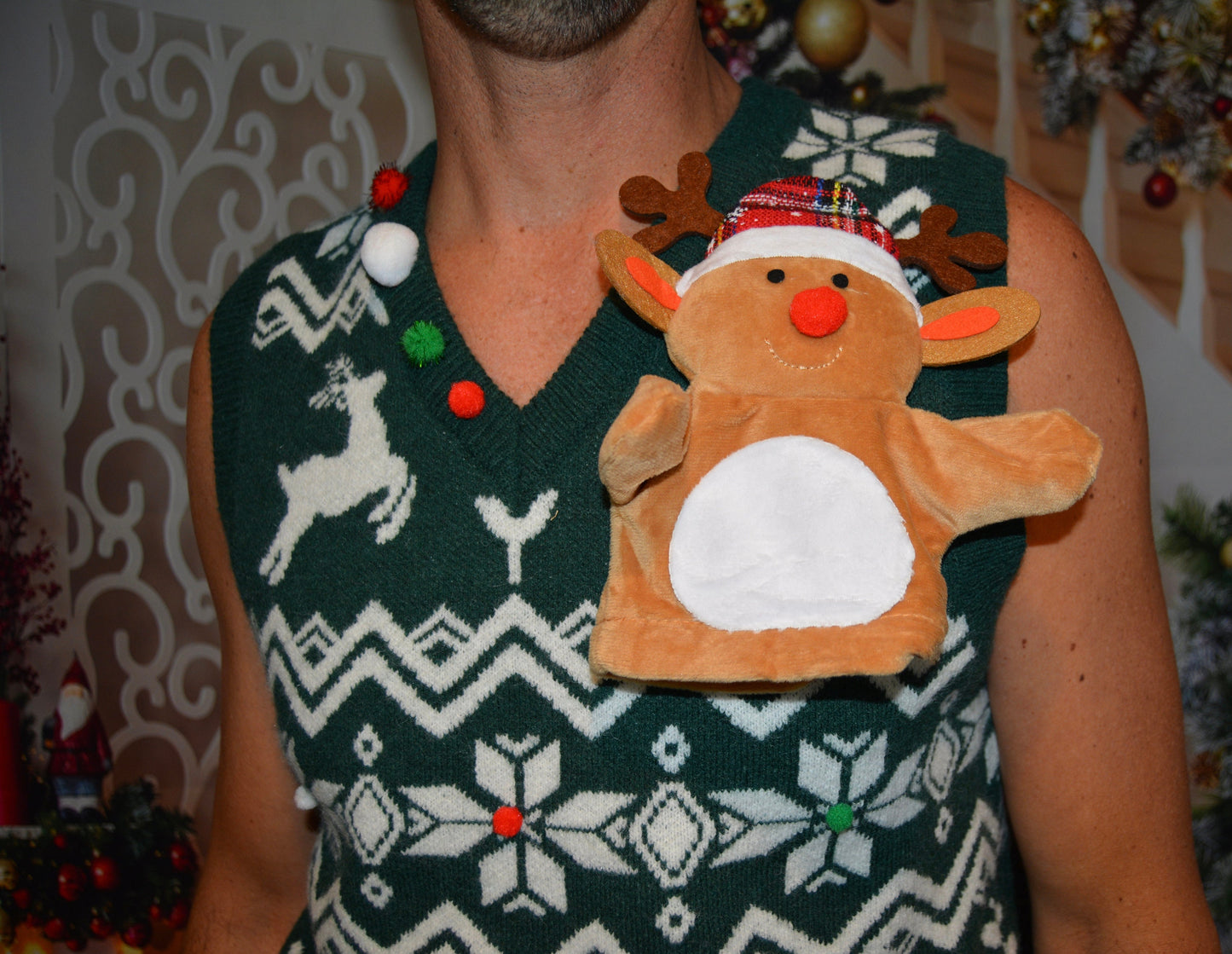 Mens Ugly Christmas Sweater vest, multi size, hand puppet, funny and unique, Party Sweater, men's, reindeer