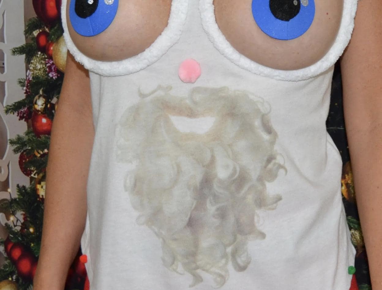 Santa face, sexy, ugly Christmas Sweater, t-shirt, bug eyed santa, Made for your bare breasts, boob eyes, see details, breast, boob eyes,