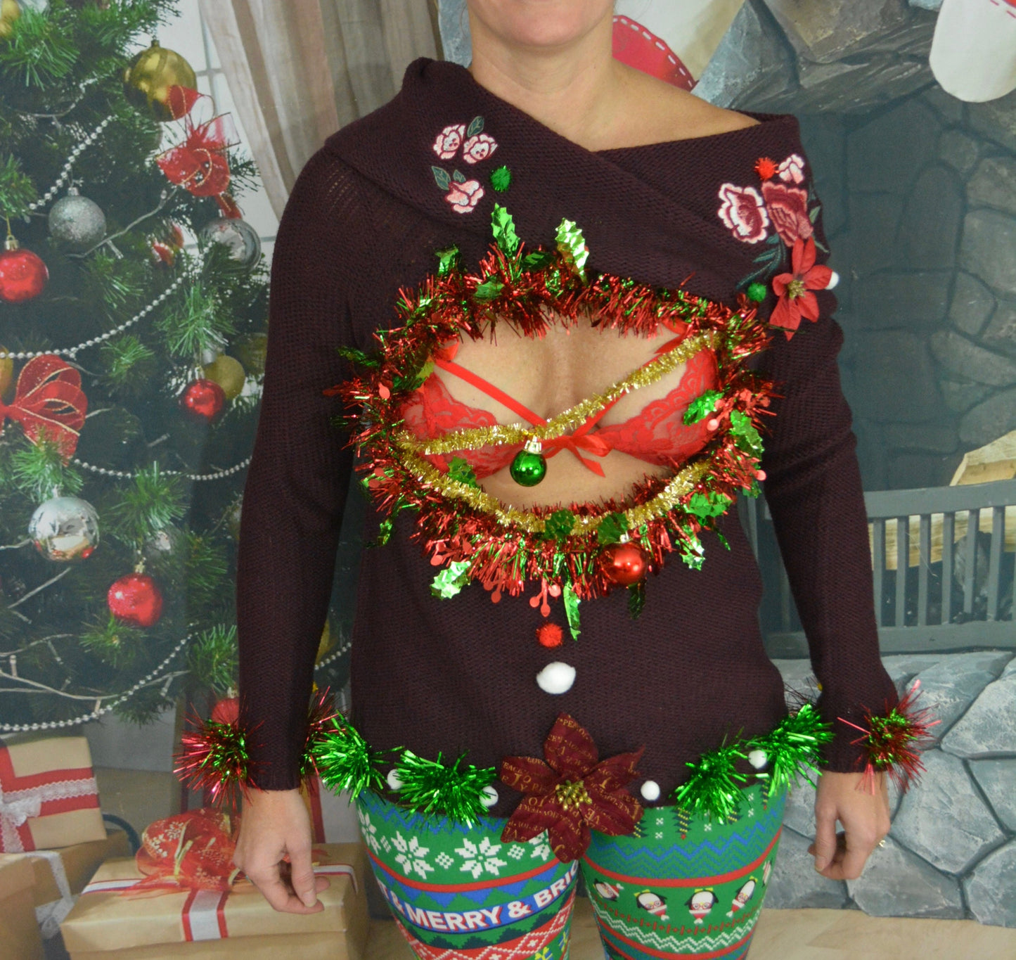 Ugly Christmas Sweater women, Multi size, sexy Christmas Sweater, with pasties, Boob, cut out, chest, breasts, xmas sweater, one of a kind
