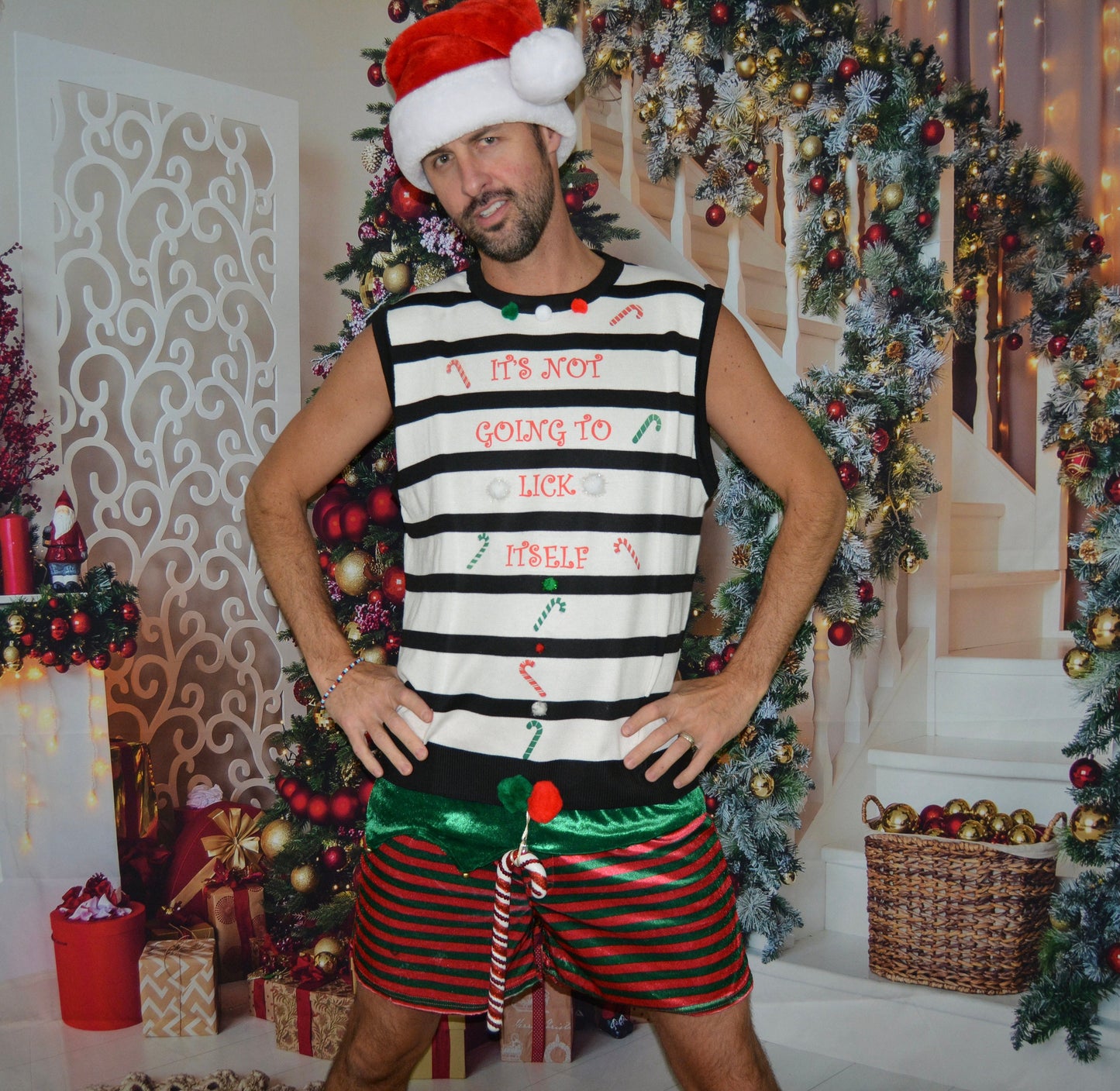 XL, Ugly Christmas Sweater men, vest, It's not going to lick itself, naughty, Contest winner, xmas sweater, funny, candy cane,  perverted