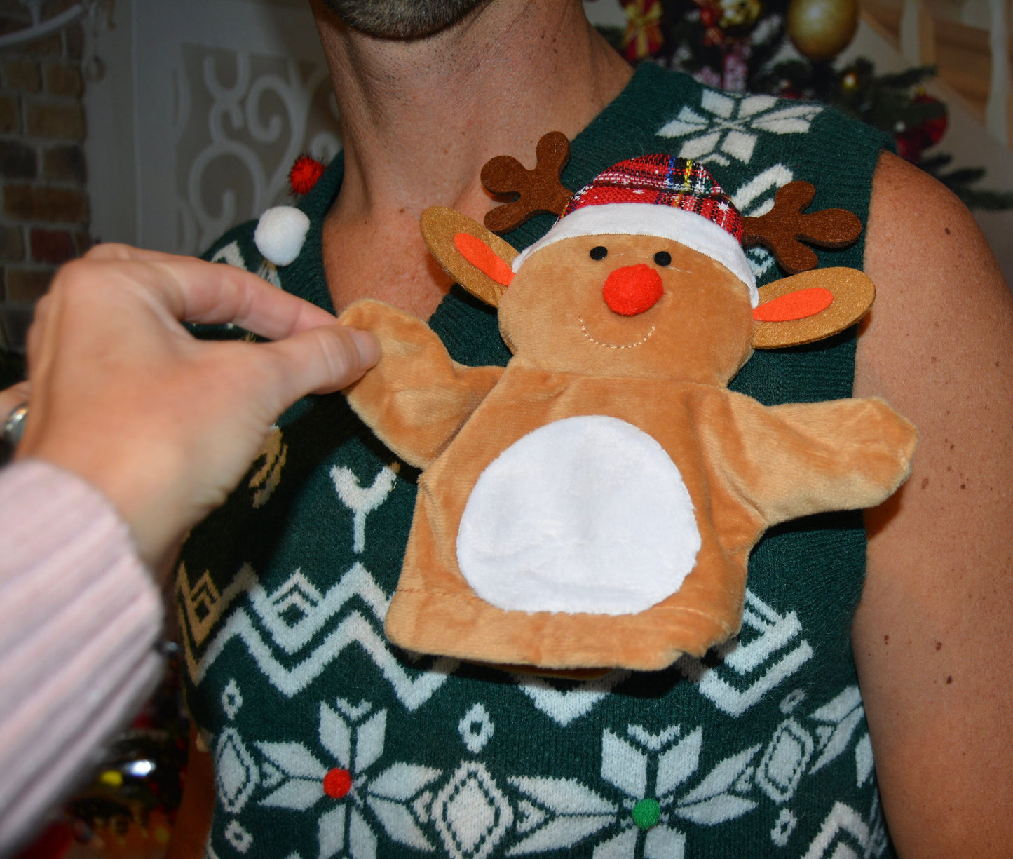 Mens Ugly Christmas Sweater vest, multi size, hand puppet, funny and unique, Party Sweater, men's, reindeer
